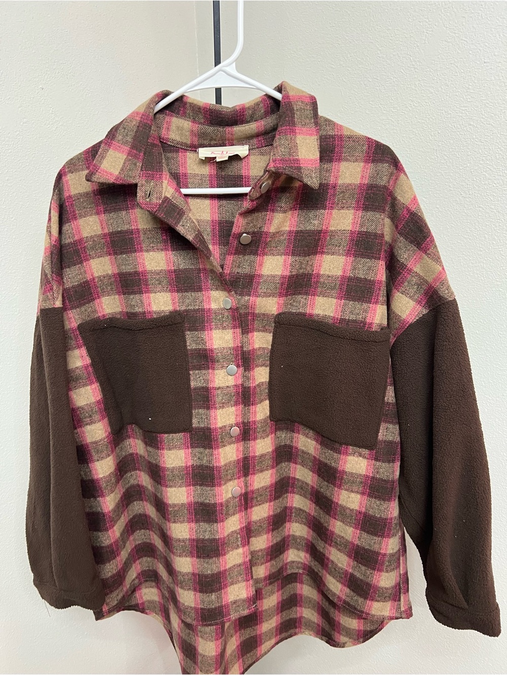 Peach Love California Brown, Pink and Cream Plaid Button-Front Shacket